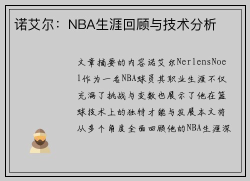 诺艾尔：NBA生涯回顾与技术分析